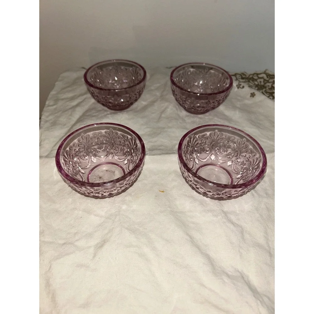 Set of 4 Vintage Purple Pressed Glass Bowls Fleur De Lis Embossed Lavender 3.5